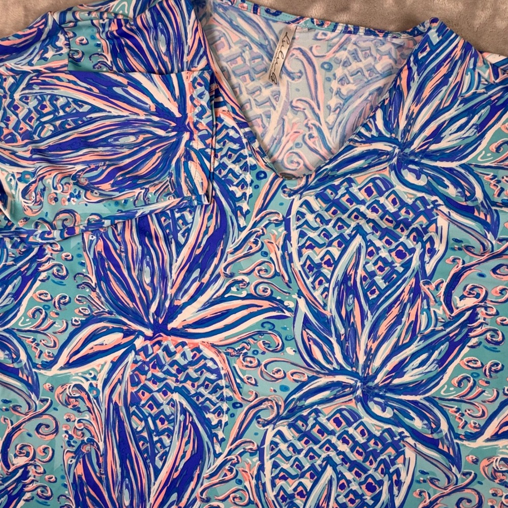 Lulu-B‎ V-Neck Top Womens XL Blue Pink Pineapple Print 3/4 Sleeve